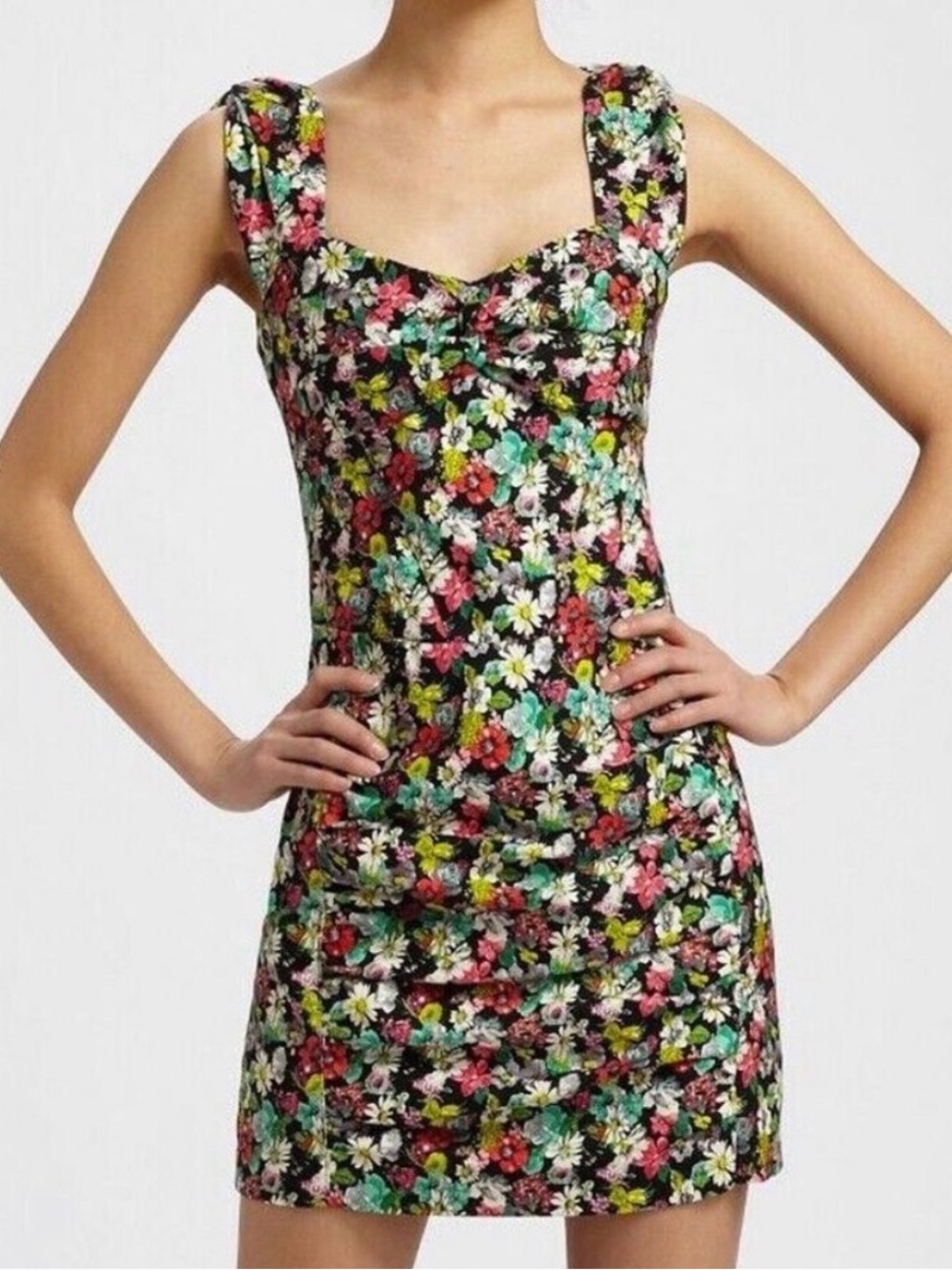 Nanette Lepore Floral Mini Dress Size 10 Multicolor Ruched Bodycon Y2K